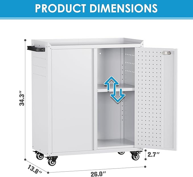 13.8" D x 26" W x 34.3" H Metal Storage Cabinet with Pegboard and Hooks,Garage Storage Cabinet with Wheels and 2 Lockable Doors for Garage,Home,Office,Assembly Required,White