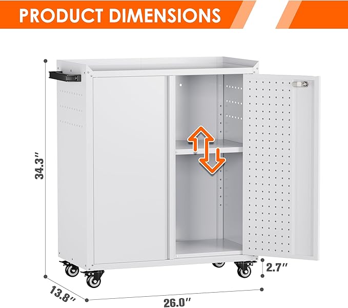 Garage Storage Cabinet with Wheels,Lockable Metal Storage Cabinet on Wheels, Pegboard for Garage Home Warehouse, Assembly Required, White,13.8 "D x 26" W x 34.3" H