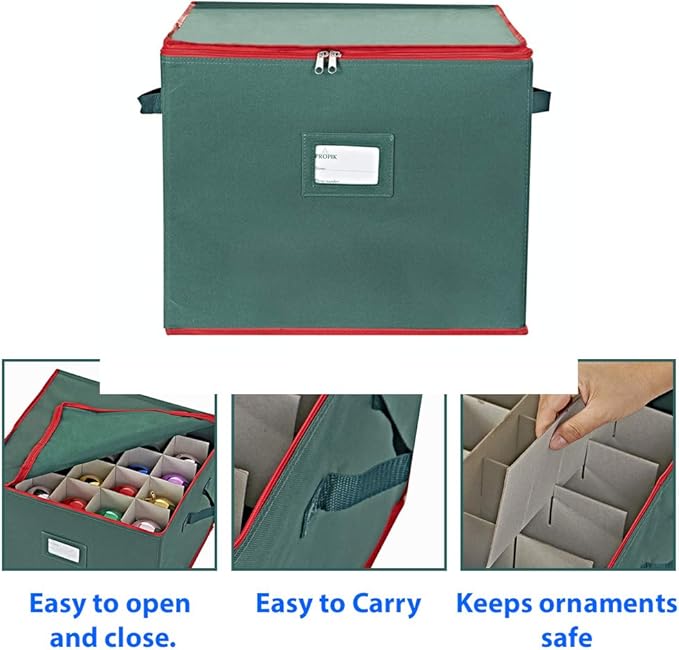 ProPik Large Christmas Ornament Storage Box, Organizer Holds Up to 75 Xmas Ornaments Balls, Holiday Decorations Accessories Storage Container with Dividers, Durable 600D Oxford (Green)