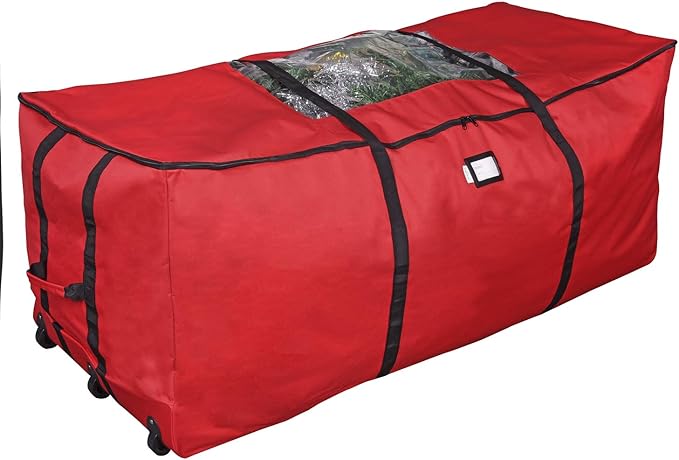 ProPik Rolling Christmas Tree Storage Bag, Fits Up to 9 Foot Tall Disassembled Trees, 25" X 25" X 60", Extra Large Heavy Duty Xmas Container with Wheels, Handles and Straps (Red)