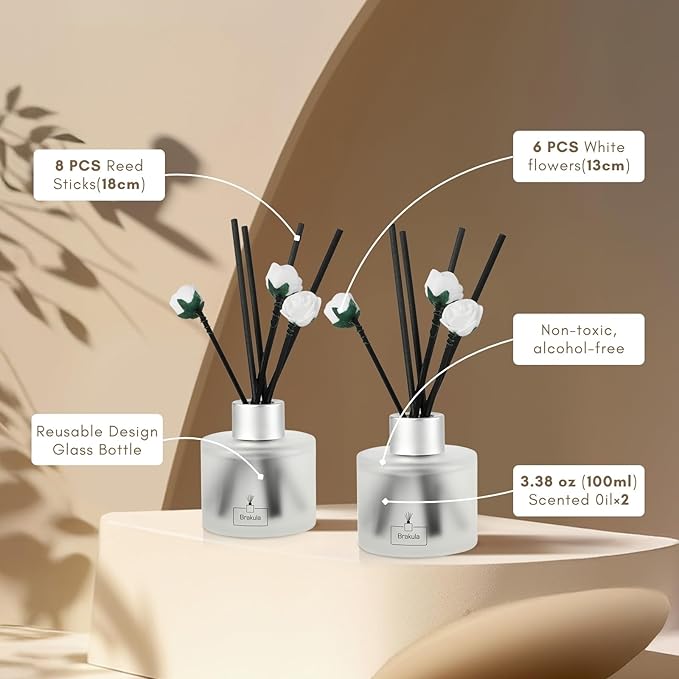 Brakula 2 Pack Reed Diffuser Set, Cashmere Vanilla Scented, Home Fragrance with 14 Sticks Bathroom Decor, Reed diffusers for Home 6.76 fl oz (Cashmere Vanilla)