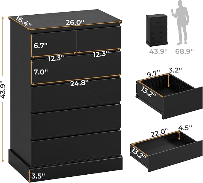 Hasuit 6 Drawer Dresser for Bedroom, Tall Chest of Drawers Storage Organizer for Closet, Modern Clothes Storage Tower with Ample Storage Space, Black