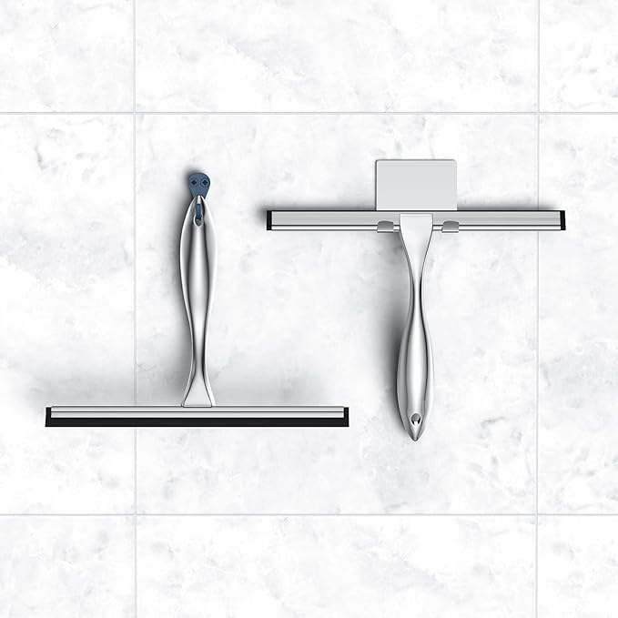 Shower Squeegee for Glass Door 12-Inch Stainless Steel Bathroom Squeegee Window Wiper, 100% Streak-Free, Includes Shower Door Hook and Adhesive Hook, for Window Mirror Tiles Car All-Purpose Squeegee