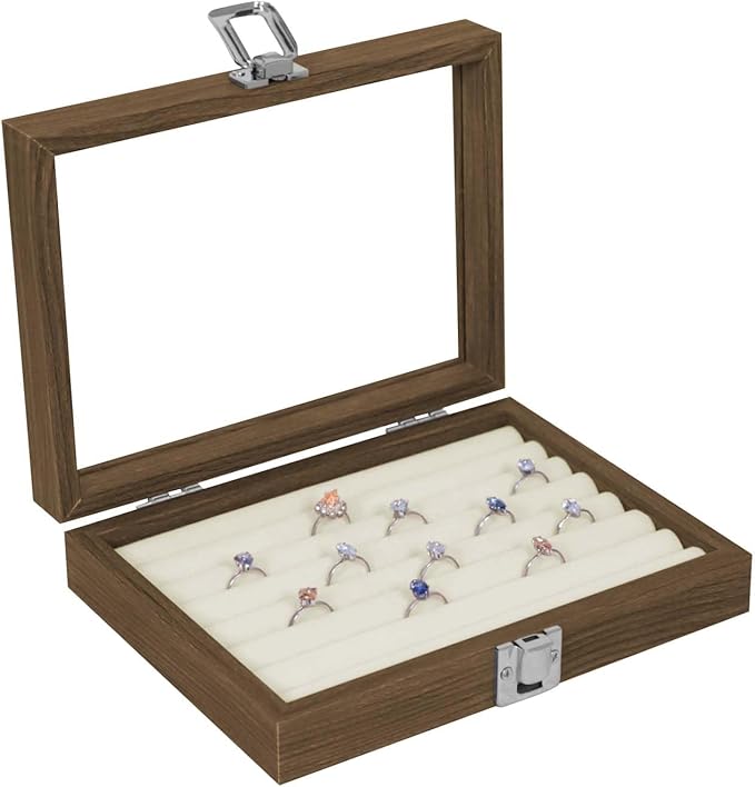 Stratalife Ring Box with Glass Lid Wood Jewelry Organizer for Women Ring Holder Display with Metal Clasp Velvet Lining Small Ring Tray for Jewelry Storage Beige