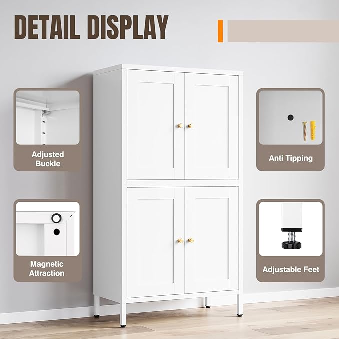 Yizosh Metal Pantry Cabinet,Tall Kitchen Pantry Storage Cabinet with 4 Doors and 2 Adjustable Shelves - 43" White Cupboard Cabinet for Kitchen,Living Room,Dining Room,Home