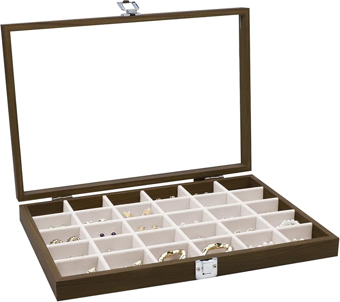 Wudygirl Jewelry Organizer Vintage Jewelry Tray Wooden Earring Holder Organizer with Clear Lid 30 Grid Jewelry Box Drawer Insert Jewelry Display Case for Women（30 Grid）