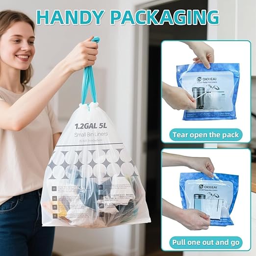 OKKEAI 1.2 Gallon Small Trash Bag, 70 Count Drawstring Bathroom Trash Bags 5L – Leak-Proof Tear-Resistant Wastebasket Liners for Bathroom, Office