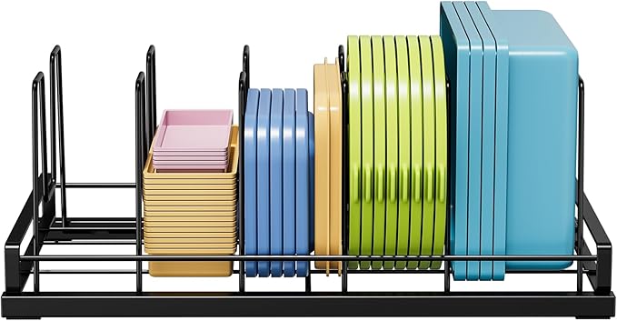 GAGUIUP Food Container Lid Organizer, Adjustable 6 Dividers Full-Metal Pot and Pan Organizer Rack for Kitchen Cabinets, Drawers, Cupboards, Pantry Shelves Storage, Black