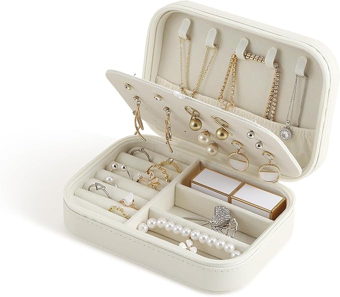 CASEGRACE Travel Jewelry Case, Double Layer Travel Jewelry Organizer for Necklace Earring Rings Jewelry Display Case for Women, White