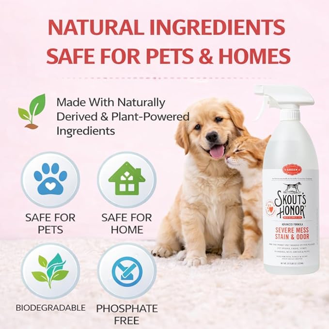 SKOUT'S HONOR Severe Mess Stain & Odor Eliminator, Powerful Stain Remover and Carpet Cleaner for Tough Dog Messes, Eco-Friendly Carpet Deodorizer, Cleaning Spray and Poop Spray, 35 oz