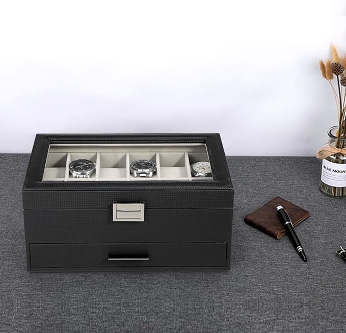 Voova Jewelry Box Watch Boxes Organizer for Men Women, 2 Layer Large 12 Slot PU Leather Watch Storage Case, Glass Top Jewelry Display Holder for Watches Sunglasses Rings Necklaces Bracelets,Black+Grey