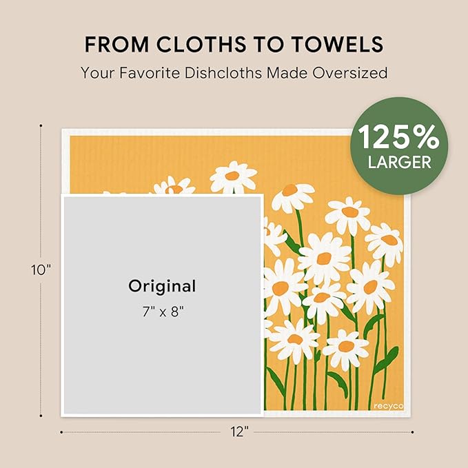 RECYCO Swedish Dishcloths for Kitchen | 4 Pack Oversized Washable Dish Rags | Large Cellulose Reusable Cleaning Paper Towels | Absorbent Counter Dish Cloth Sponge XL Kitchen Wipes, 12" L x 10" W