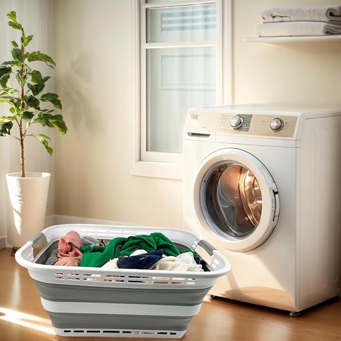 SAMMART 42L (11 Galloons) Collapsible Plastic Laundry Basket - Foldable Pop Up Storage Container/Organizer - Portable Washing Tub - Space Saving Hamper/Basket [BPA Free] (White/Grey (Set of 2))
