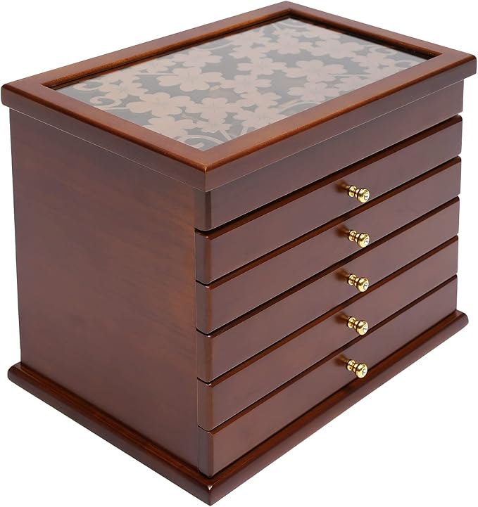 Jewelry Box,Wooden Jewelry Organizer,6 Layers Large Capacity Jewelry Holder Watches Necklace Ring Storage Box (Wood Color 6-tier)