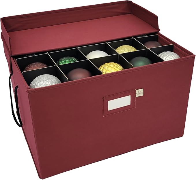 612 Vermont Christmas Ornament Storage Box with 3 Trays, Adjustable Acid-Free Dividers, Holds 60-4 Inch Ornaments