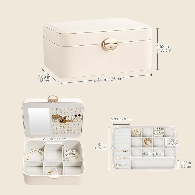 Lolalet 2 Layer Jewelry Box with Lock and Key for Teen Girls & Young Women, Jewelry Organizer Case with Round Clasp and Mirror for Earrings Rings Necklaces Storage, Gift Idea -Cloud White