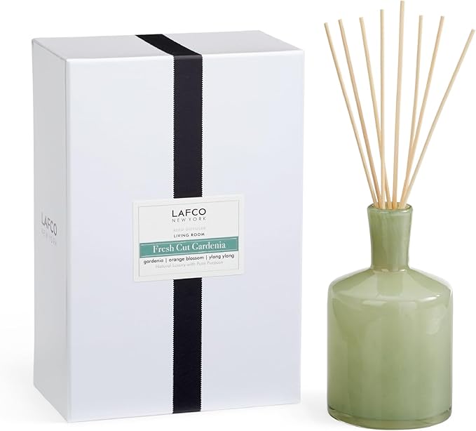 LAFCO New York Signature Reed Diffuser, Fresh Cut Gardenia - 15 oz - Up to 9 Months Fragrance Life - Reusable, Hand Blown Glass Vessel - Natural Wood Reeds - Made in The USA
