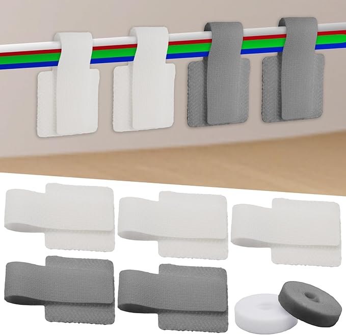 Rierdge Cable Management Kit - 40 Heavy-Duty Self-Adhesive Hook & Loop Ties with 2 Extra-Long Extension Straps for Desk, Home Office & Workshop (White & Gray)