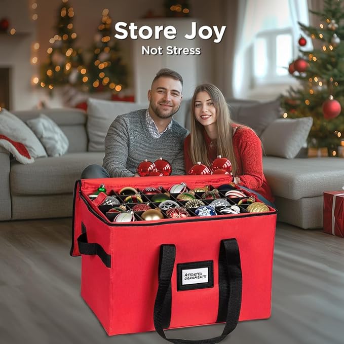 Christmas Ornament Storage Container,Box Stores Up to 96, Adjustable Dividers, Large Organizer Bin to Protect and Store Holiday Décor