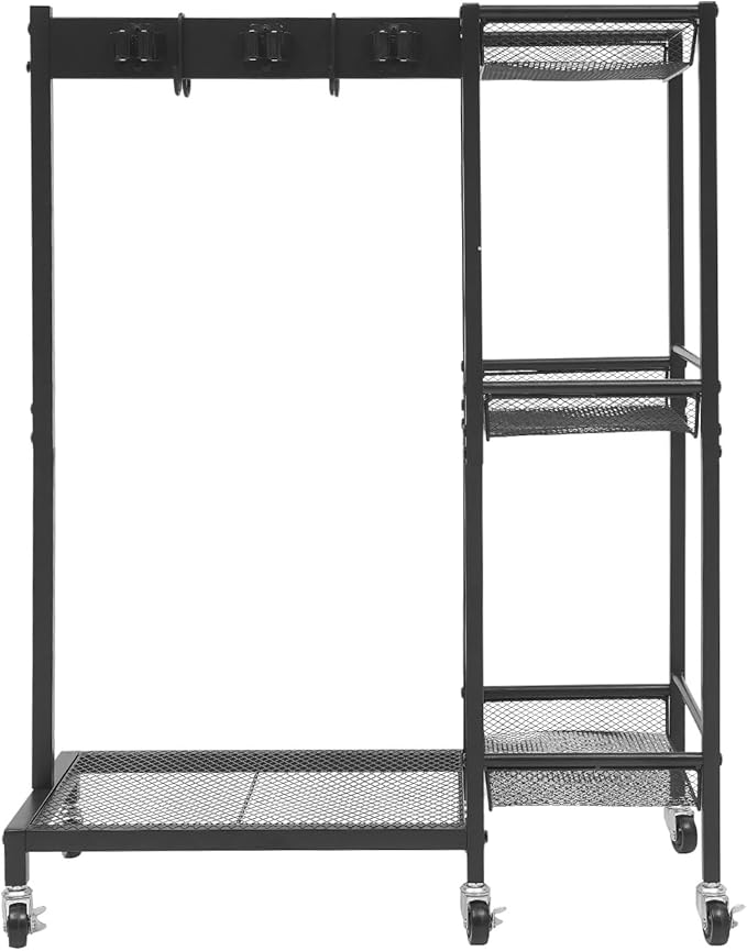 Cleaning Tool Rack, Broom Closet Storage Cabinet with Wheels, Cleaning Cart with Mop Hanger Gripper Rack Hooks, Cleaning Cart with 3-Tier Shelves for Laundry Room, Kitchen, Garage