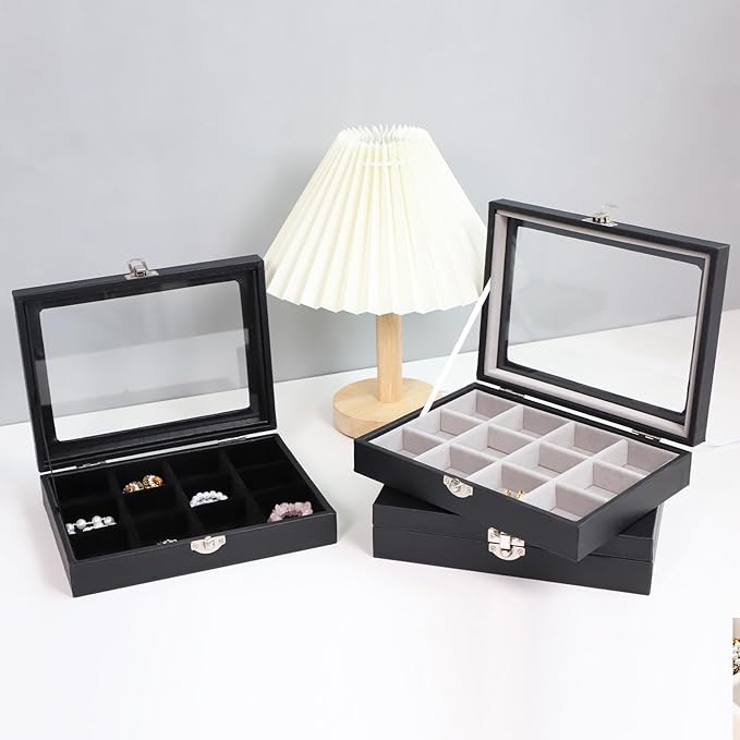 Stratalife Ring Holder Small Jewelry Box Display Case with Clear Lid Cute Ring Organizer Drawer Jewelry Storage Gift for Women Beige