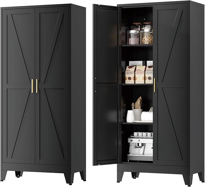 Farmhouse Pantry Cabinet with Barn Doors,61" H x 27.5" W,Metal Cabinet with Adjustable Shelves,4-Tier Storage Cabinet for Kitchen Dining Room Garage Office,Black