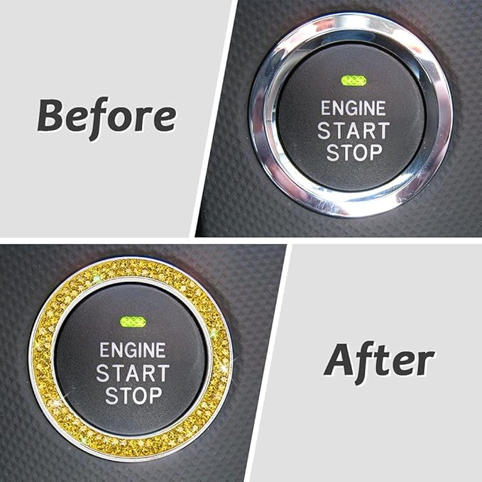 ToBeQueen Bling Car Crystal Rhinestone Ring Emblem Sticker, Car Interior Decoration, Bling Car Accessories for Women, Push to Start Button, Key Ignition Starter & Knob Ring Yellow