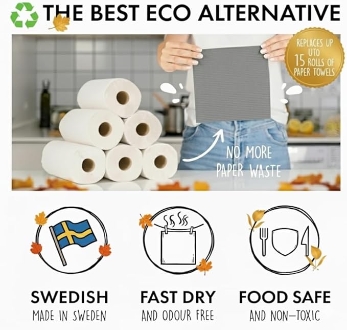 SUPERSCANDI 10 Pack Swedish Dishcloths for Kitchen - 100% Biodegradable & Compostable Reusable Paper Towels Washable, Food-Safe & Without Plastic - Dish Rags Suitable for Any Surface, Grey