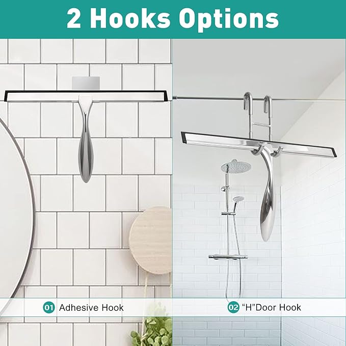 steauty Shower Squeegee for Glass Doors,12-Inch Shower Glass Squeegee, Sliver Shower Squeegee for Shower Doors,Mirror,Windows, with Shower Door Hook and Adhesive Hook