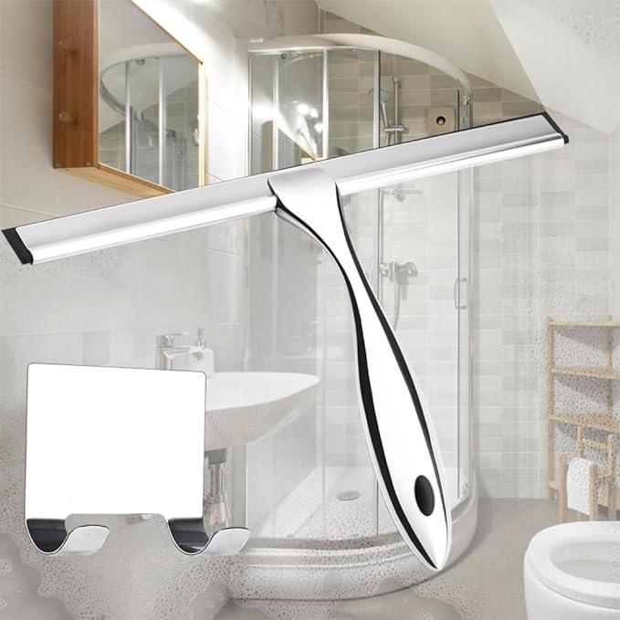 12'' Light Weight Stainless Steel Shower Squeegee for Glass Doors with 4 Pieces Set (1 Window Squeegee, 1 Door Hook and 2 Adhesive Hooks) Perfect Cleaning Tool for Car, Window, Bathroom Mirror