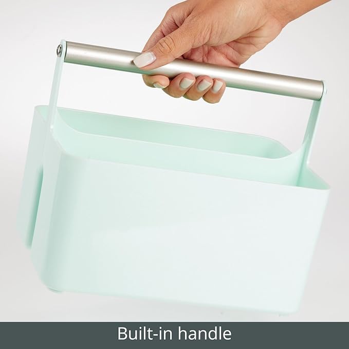 mDesign Plastic Shower Caddy Storage Organizer Utility Tote, Divided Basket Bin - Metal Handle for Bathroom, Dorm, Kitchen, Holds Soap, Shampoo, Conditioner - Aura Collection - Mint Green/Satin