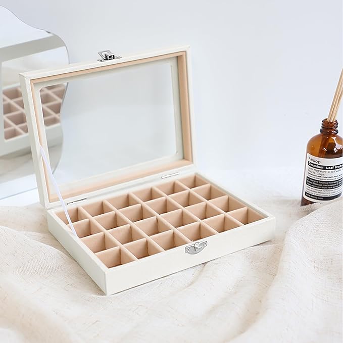 Wudygirl Jewelry Organizer Small Jewelry Box 24 Grid Earring Holder Organizer Velvet Jewelry Tray with Clear Lid Ring Holder Display Earring Organizer Storage for Women (Cream)