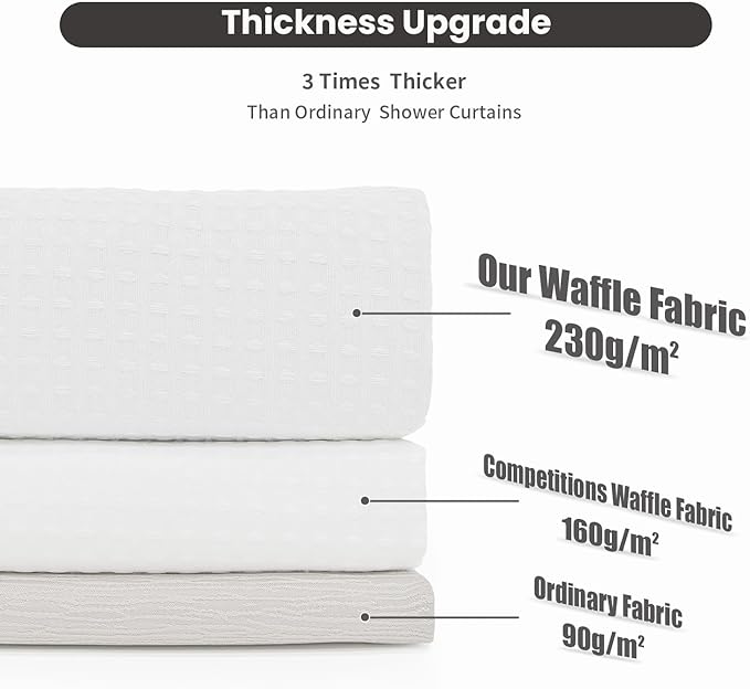 Inhousolu No Hook Waffle Weave Shower Curtain with Removable Snap in Fabric Liner Set for Bathroom, 230 GSM Heavy Duty Weighted Hem, Water Repellent Washable Bath Curtains, 72 x 72 Inch, White