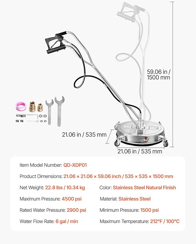 VEVOR 21" Pressure Washer Surface Cleaner, Stainless Steel Pressure Washer Attachments with 4 Wheels, 4500 Max PSI, 3/8 Quick Connector, 2 Spray Nozzles, Dual Handle, for Concrete, Patio, Sidewalk