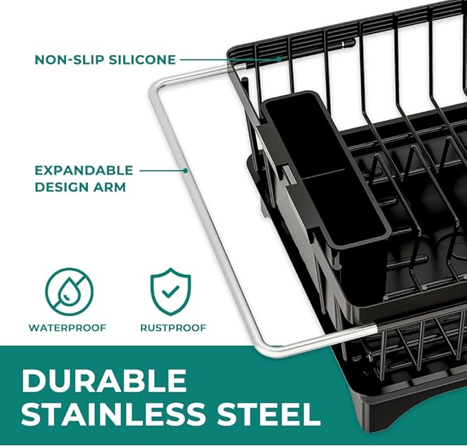 HANLE Small Dish Drying Rack in Sink, Expandable Stainless Steel Dish Drainers for Kitchen Counter, with Drain Board & Utensil Holder(Black)