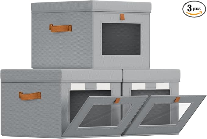 Storage Bins with Lid – Closet Organizer with Side Opening and Clear Window, Foldable Stackable Fabric Basket for Clothes, Home, Office - 13.77" x 11.8" x 9.8", 3 Pack, Grey