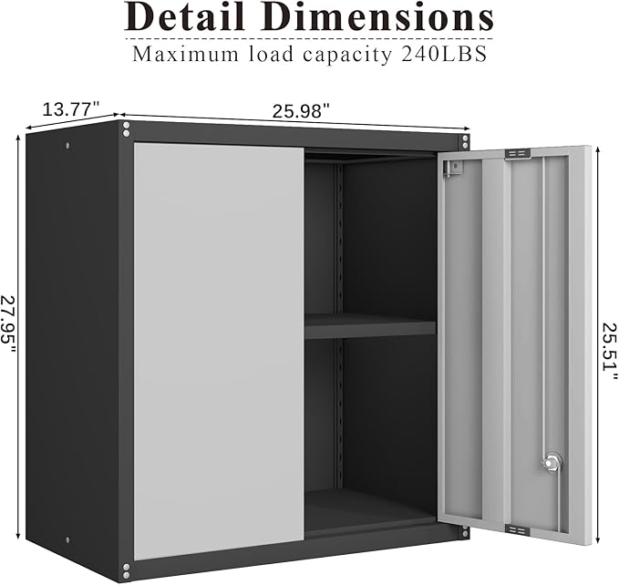 Metal Storage Cabinet, 28" Wall Mount Storage Cabinets with Locking Doors and Shelf, Metal Garage Tool Storage Cabinets for Laundry Room, Kitchen, Pantry