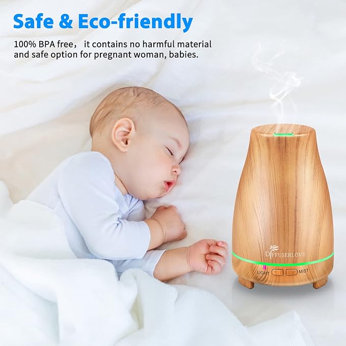 Diffuserlove Essential Oil Diffusers 200ML Diffuser Remote Control Aromatherapy Diffuser with 7 Color Lights, Auto Shut-Off for Bedroom Office Kitchen (Yellow Wood Grain)