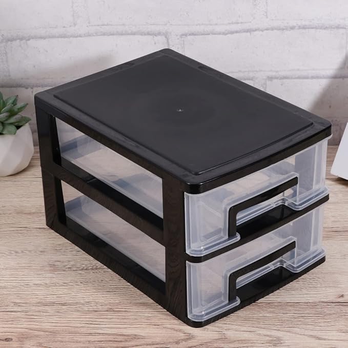 Tofficu Plastic Storage 2 Drawer Storage Tower Multifunctional Storage Cabinet with Clear Drawers Storage Case Organizer for Craft Stationary (2 Layers Black)