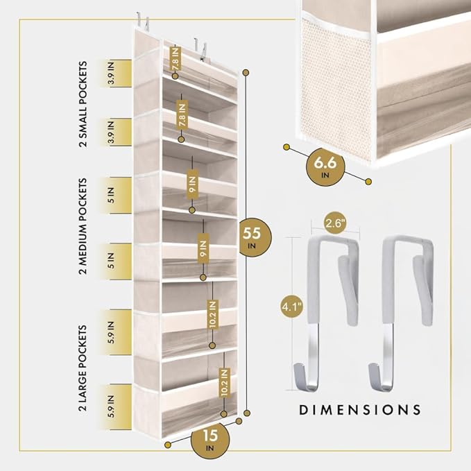 HOMELUX THEORY UPGRADED 6 Tiers Over The Door Organizer Hanging - 100D EXTRA THICK & 50lbs HUGE CAPACITY, 12 Side Mesh Pockets Over The Door Shoe Organizer, Hanging Closet Organizer (Ivory, 2pc)