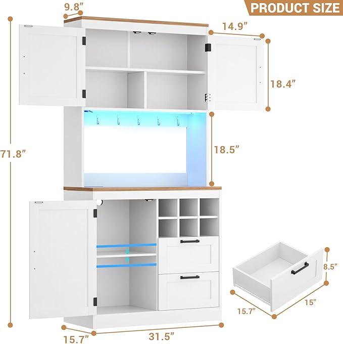 Unikito 72" Tall Pantry Cabinet, Kitchen Pantry Storage Cabinet with LED Light & Outlet, Kitchen Hutch Bar Cabinet with Microwave Stand, Wine Rack, Drawers and Shelves, Cupboard for Dining Room, White