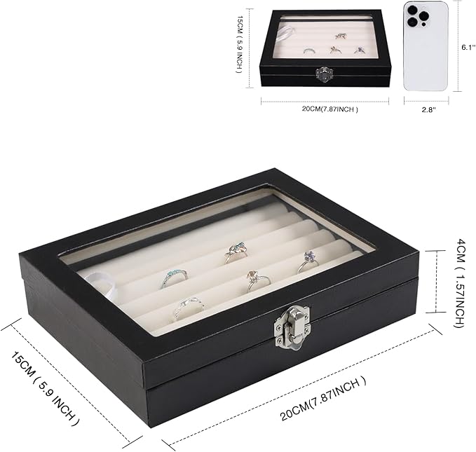 Stratalife Ring Holder Small Jewelry Box Display Case with Clear Lid Cute Ring Organizer Drawer Jewelry Storage Gift for Women Beige