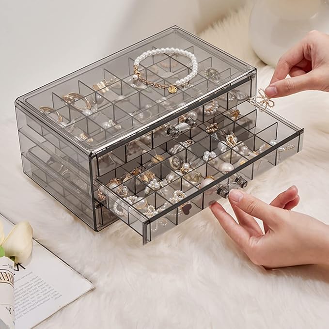 Earring Storage Box Organizer 3 Drawers Acrylic Jewelry Storage Box Holder Transparent Jewelry Display Stand with 72 Small Compartments Gift for Women Girls (Clear Black)