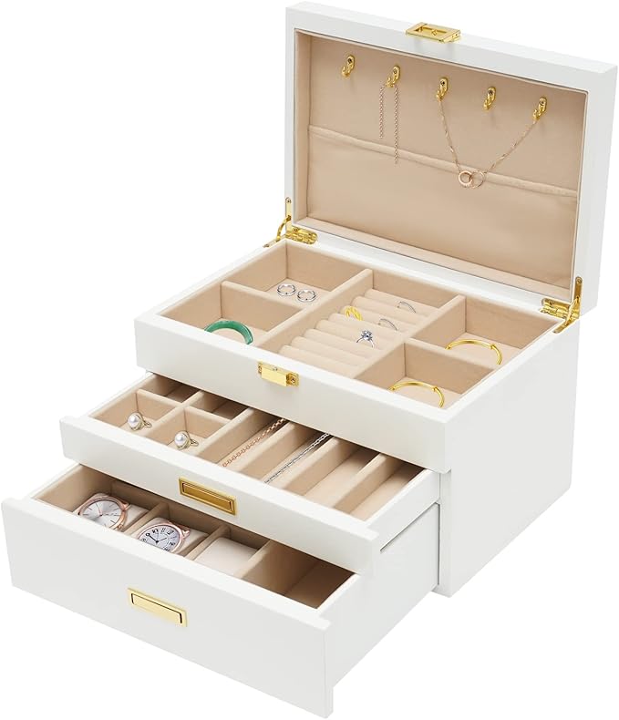 3-Layer Jewelry Box Organizer with Hooks, White Jewelry Chest for Women Girls, Jewelry Case Display Jewellery Holder Organizer Storage Box for Necklace Earrings Rings Bracelets