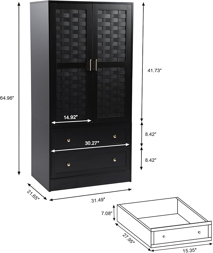 LEVNARY Armoire Wardrobe Closet with 2 Woven Doors, Wardrobe Cabinet with 2 Storage Drawers and Hanging Rail, Freestanding Wooden Closet for Bedroom (Black)