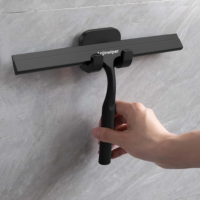 Anjinwiper Household Squeegee for Shower Glass Doors, Silicone Shower Squeegee with Adhesive Hook, Bathroom Squeegee for Shower, Window Cleaner Tool for Glass Door, Kitchen, Tile Wall(10 inch-Black)