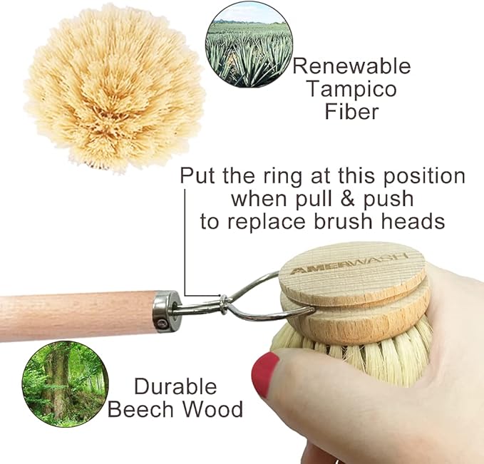 AMERWASH PLUS Dish Brush with Wooden Handle, Natural Kitchen Brush for Dishes Vegetable, Pots and Pans, Tampico Fiber Bristles Scrubber, Extra 3 Pack Replacement Head Included