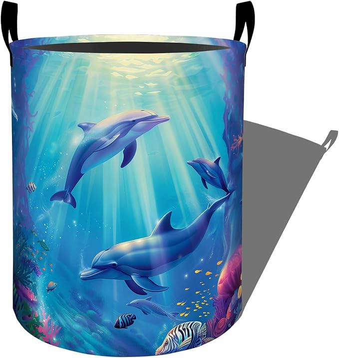 Cute Dolphin Coral Reef Fishes Laundry Basket with Handles, 19.7"x15.7" Clothes Foldable Laundry Hamper Organizer for Dorm Nursery Bedroom Bathroom Decor, Toy Storage Bin for Kids