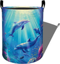 Cute Dolphin Coral Reef Fishes Laundry Basket with Handles, 19.7"x15.7" Clothes Foldable Laundry Hamper Organizer for Dorm Nursery Bedroom Bathroom Decor, Toy Storage Bin for Kids