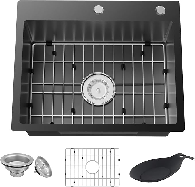 Black 22x18 Inch Kitchen And Bar Sink - Stainless Steel Drop In Small Single Bowl Kitchen Sink With Bottom Grid,Silicon Mat And Drain Assembly Set